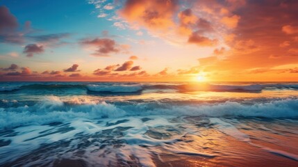 Fototapeta na wymiar Bright sunrise seascape with blue sky