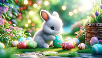 Un lapin décoré et coloré célèbre Pâques au printemps, entouré d'œufs multicolores en chocolat, incarnant la joie de cette fête dans un décor verdoyant et ravissant. - obrazy, fototapety, plakaty
