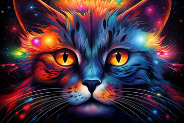 Cat's face. Abstract neon image of a waiting cat on a purple background in pop art style. digital vector graphics