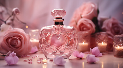 Obraz na płótnie Canvas Sweet gift for a happy Valentine's Day, pink perfume in a bottle decorated with diamonds. Generative ai.
