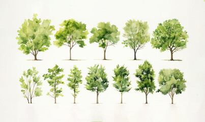 Obraz premium the charm of a watercolor-style illustration showcasing a collection of summer or spring trees in a delightful cartoon style, isolated on a white background. Generative AI.