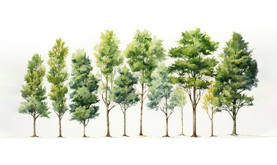 Obraz premium the charm of a watercolor-style illustration showcasing a collection of summer or spring trees in a delightful cartoon style, isolated on a white background. Generative AI.