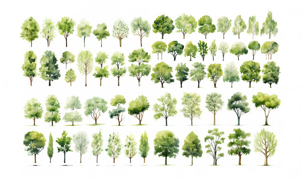 the charm of a watercolor-style illustration showcasing a collection of summer or spring trees in a delightful cartoon style, isolated on a white background. Generative AI.