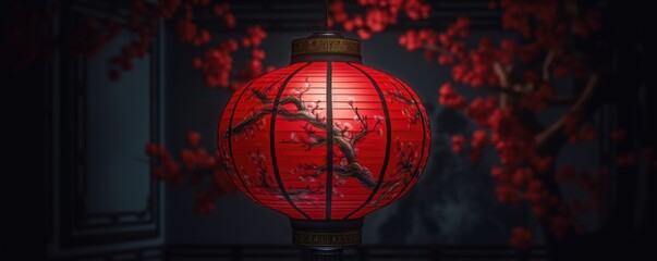Chinese New Year red lantern. Copy space. Chinese Script, traditional lantern. - obrazy, fototapety, plakaty