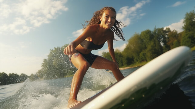 beautiful female athlete Surfing on the river waves of close-up images By training surfers A super fun water sport is wake surfing.