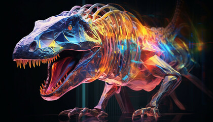 Illustrate a dinosaur as a holographic projection with translucent and dynamic visual elements