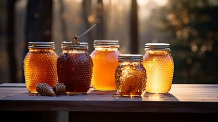 A bee smoker and honeycomb are present in honey jars.