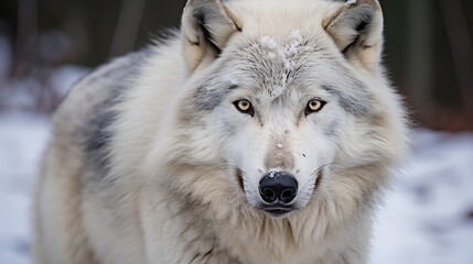 Obraz premium A large arctic male wolf can be seen from a very close perspective