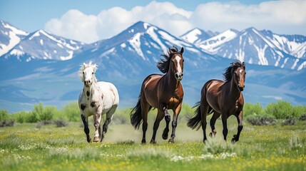 The background is filled with snowy mountains and horses are grazing on a grassy pasture