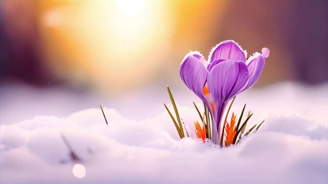 Fine Snow Fall on o Crocus Flower. Digitally Generated AI Video