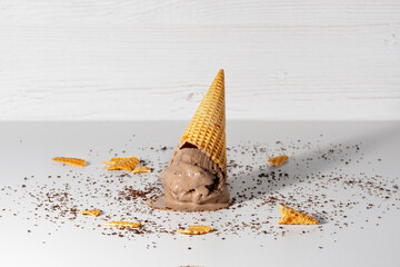 Chocolate ice cream cone drop upside down