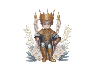 Watercolor illustration of crown prince, little king sitting on the throne.