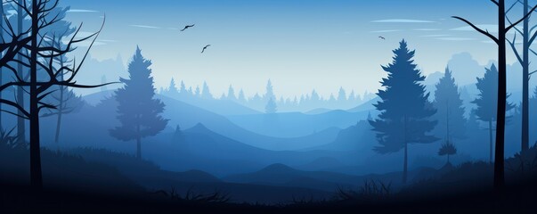 Vector blue landscape with silhouettes of trees 