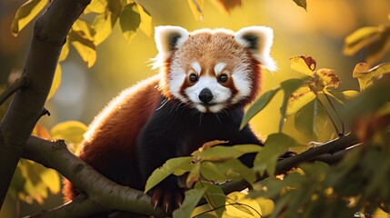 On a green tree, a red panda that is endangered is a sight to see