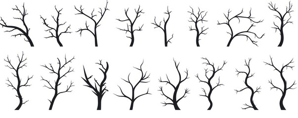 Vector collection of black silhouettes of tree branches isolated on white background