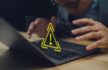 System warning fraud alert caution of maintenance computer laptop repair programmer cyber attack...