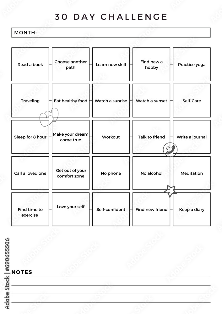 Wall mural 30 Day Challenge Tracker Templates. 30 day habit tracker challenge daily planner sheet.