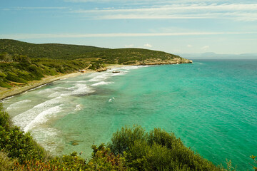 Spiaggia e mare cristallino dell'isola di Sant'Antioco. Sardegna, Italia
