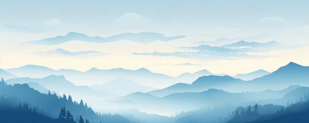 Vector panoramic landscape with blue and green misty silhouettes of mountains 