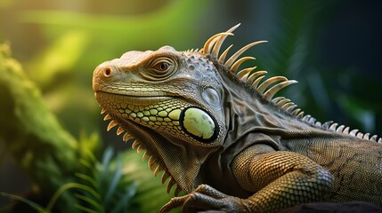 A close look at a giant reptile iguana lizard with plants in the background.