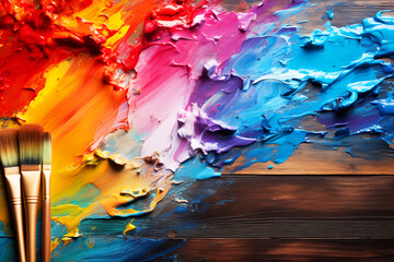 Two paintbrushes are painting a rainbow-splattered, abstract, watercolor, rainbow, paintbrush