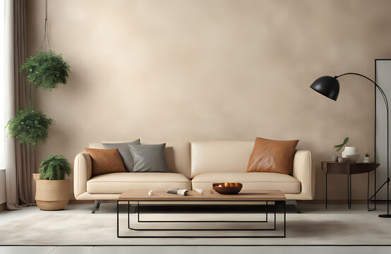 Living room wall mockup with leather sofa and decor on cream color plaster wall background