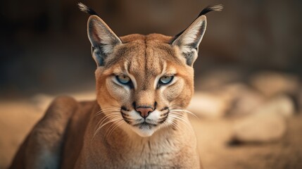 A portrait of a caracal sitting on the ground looking at the camera at a high angle. - obrazy, fototapety, plakaty
