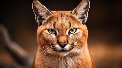 A portrait of a caracal sitting on the ground looking at the camera at a high angle.