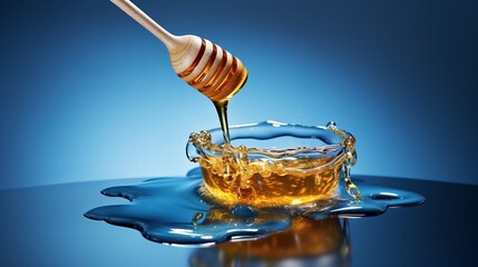 A spoon filled with organic vitamin food and fresh floral honey drips from it onto a blue background. - obrazy, fototapety, plakaty