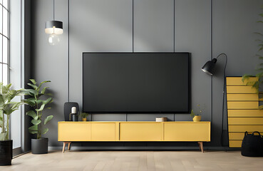 Black cabinet for tv interior yellow wall mockup - obrazy, fototapety, plakaty