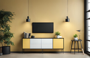 Black cabinet for tv interior yellow wall mockup