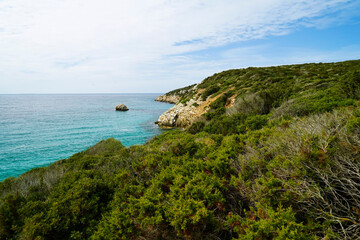 Fototapeta na wymiar Spiaggia e mare cristallino dell'isola di Sant'Antioco. Sardegna, Italia