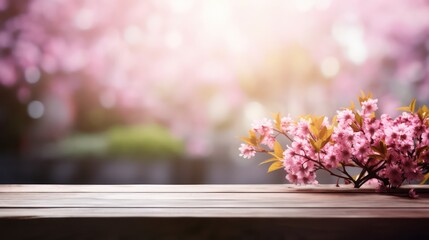 The empty wooden table top with blur spring background. Generative AI.