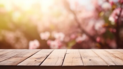 The empty wooden table top with blur spring background. Generative AI.