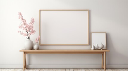 room with a frame and flowers  with  empty white mock up