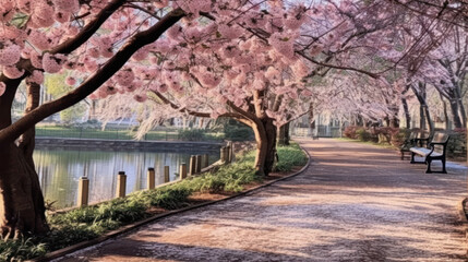 Sakura Blossom Park in Soft Pinks and Whites
