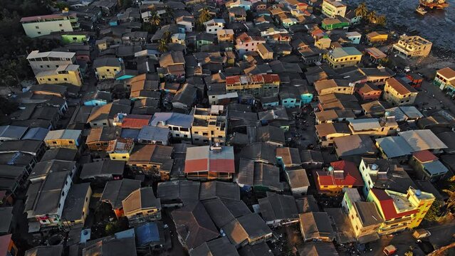 Aerial shot of a beautiful Village Mandwa near Alibuag captures the top traditional homes and the surrounding palm or coconut trees.  