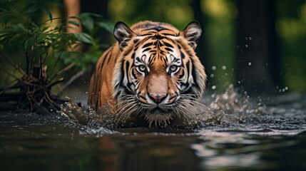 A dangerous predator, siberian tiger panthera tigris altaica, swims in the water in front of the photographer. beautiful wild animal being cared for in its natural habitat of green taiga forest. - obrazy, fototapety, plakaty