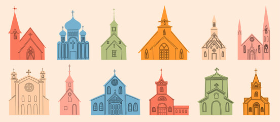 Catholic church set. Monastery building icons, vintage glass windows and doors, city architecture community. Minimal contemporary drawing. Abbey buildings with bell tower. Vector isolated design