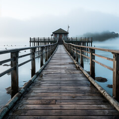 Naklejka premium Foggy Pier Extending into Calm Sea