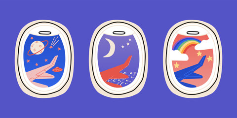 Plane windows. Fly on airplane, horizon landscape, travel view with sky, destination with space and clouds, rainbow and moon. Tourism icons. Vector cartoon flat isolated illuminators illustration