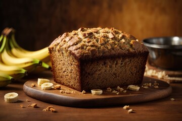 Fototapeta na wymiar Banana bread on the table on brown background, cake with banana, cake with fruits and nuts, Banana cake with raisins, bread with banana, bread with seeds and banana