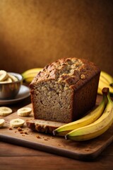 Fototapeta na wymiar Banana bread on the table on brown background, cake with banana, cake with fruits and nuts, Banana cake with raisins, bread with banana, bread with seeds and banana