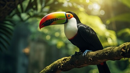A shot that focuses only on the toucan while it's standing on a tree branch