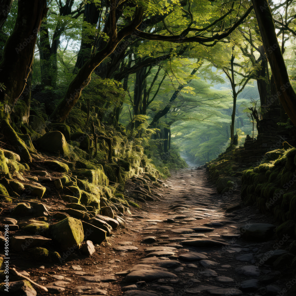 Wall mural Winding Forest Path Dappled in Sunlight