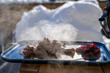 ready to eat - goulash from venison meat with cranberries,   cooked outdoor in a dutch oven on a...