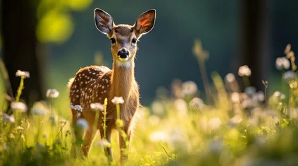 Zelfklevend Fotobehang Green grass and roe deer are present in a field in finland. © Ruslan