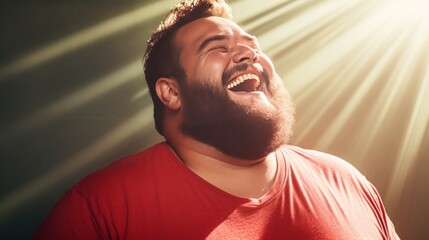 laughing fat obese man in red t-shirt.