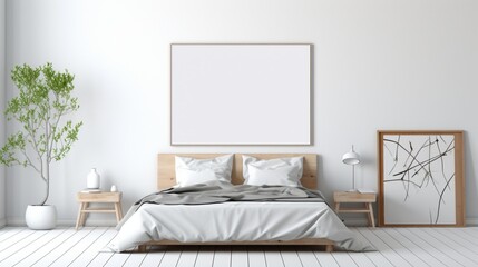bedroom with bed and empty white mock up