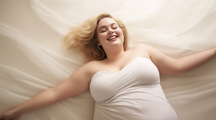 Obraz premium fat girl in a white dress lies on the bed smiling.
